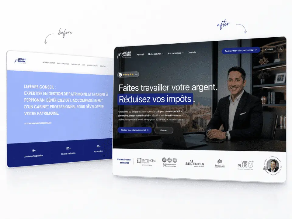 Comparaison avant-après de la refonte du site Lefèvre Conseil vers un design plus moderne et professionnel.